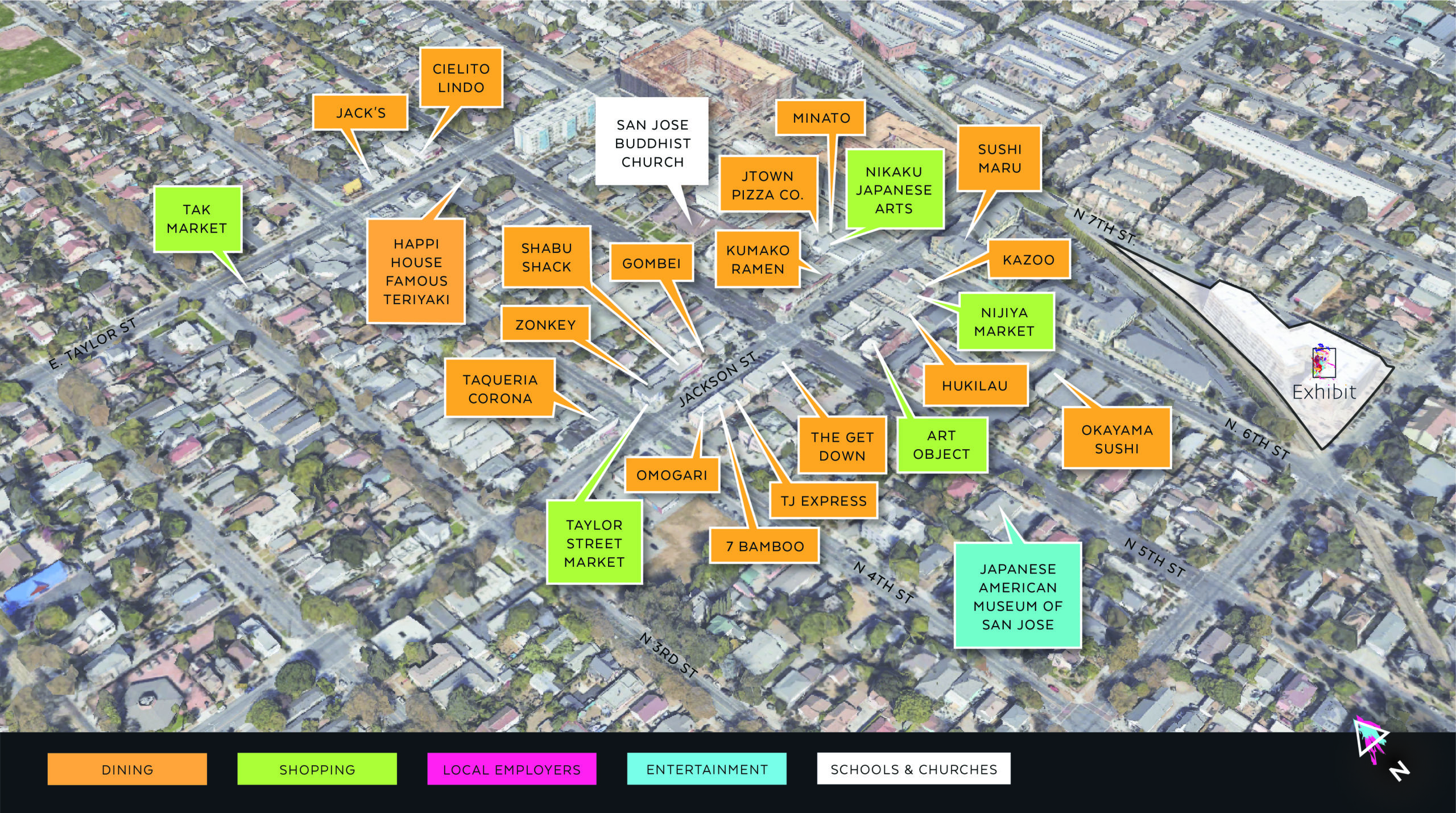 Area map with highlighted locations and attractions